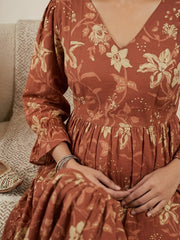Rust Printed Maternity Dress for Women