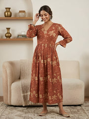 Rust Printed Maternity Dress for Women