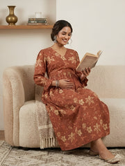 Rust Printed Maternity Dress for Women