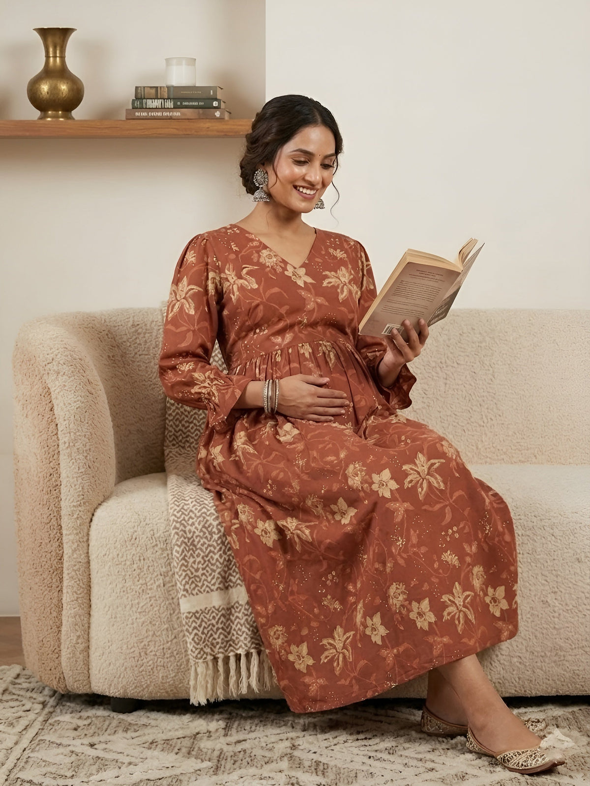 Rust Printed Maternity Dress for Women