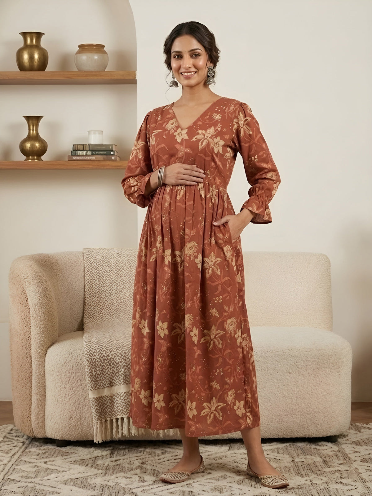 Rust Printed Maternity Dress for Women