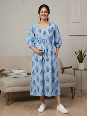 Blue Printed Maternity Dress for Women