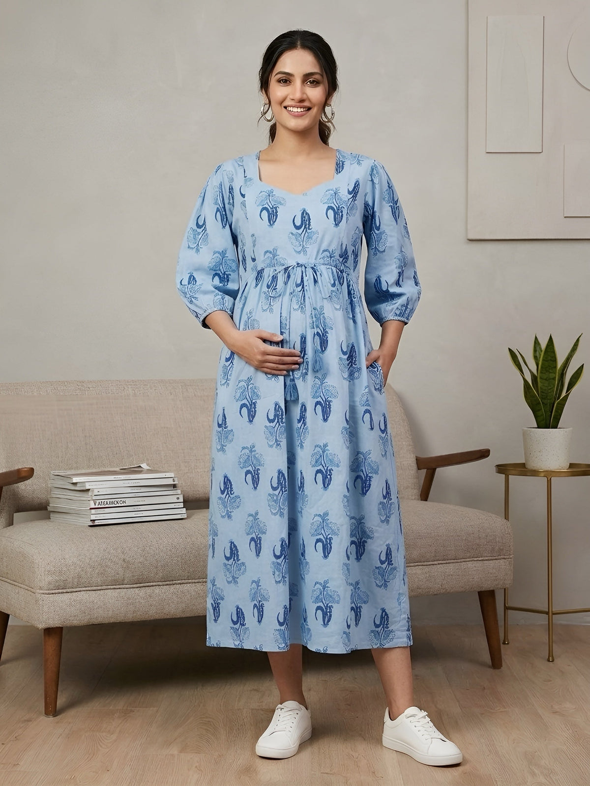 Blue Printed Maternity Dress for Women