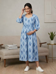 Blue Printed Maternity Dress for Women