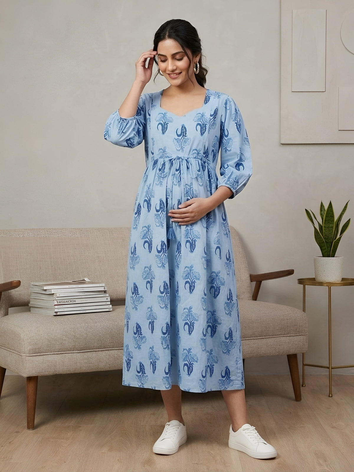 Blue Printed Maternity Dress for Women