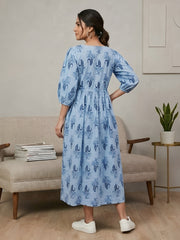 Blue Printed Maternity Dress for Women