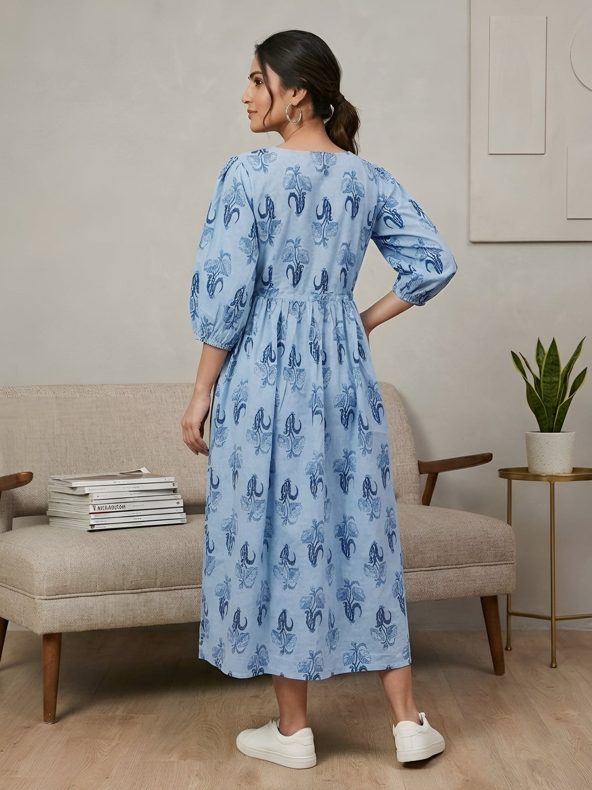 Blue Printed Maternity Dress for Women