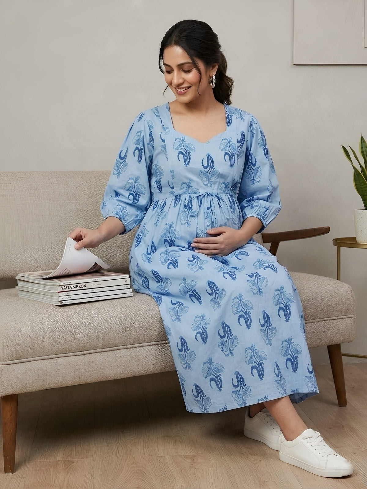 Blue Printed Maternity Dress for Women