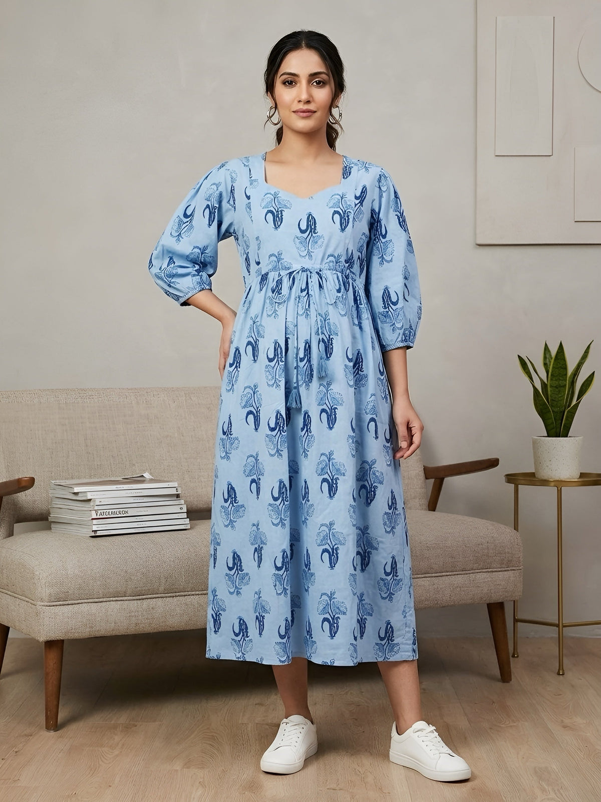 Blue Printed Maternity Dress for Women