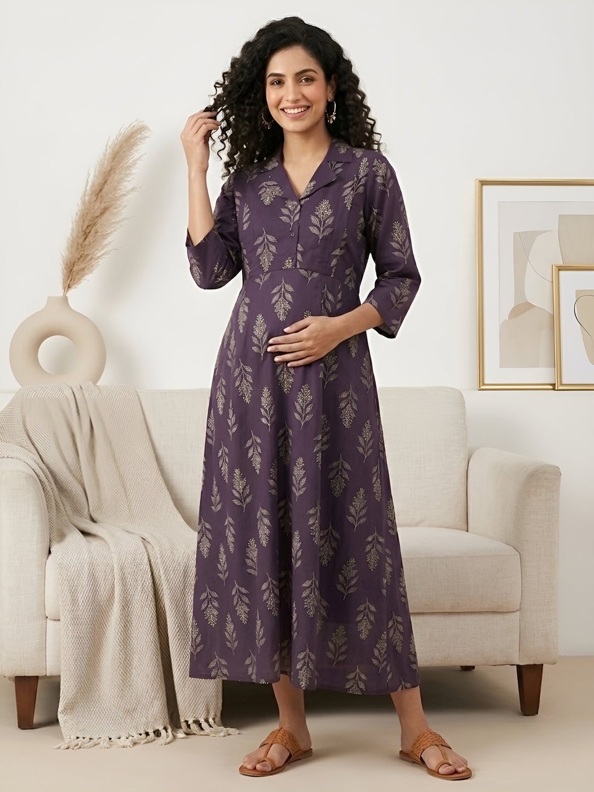 Purple Printed Maternity Dress for Women