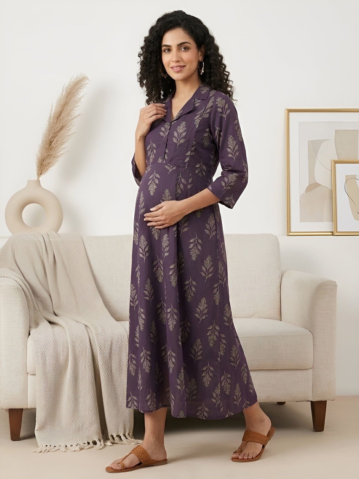 Purple Printed Maternity Dress for Women