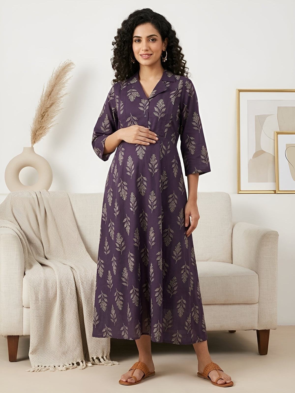Purple Printed Maternity Dress for Women