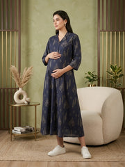 Blue Printed Maternity Dress for Women