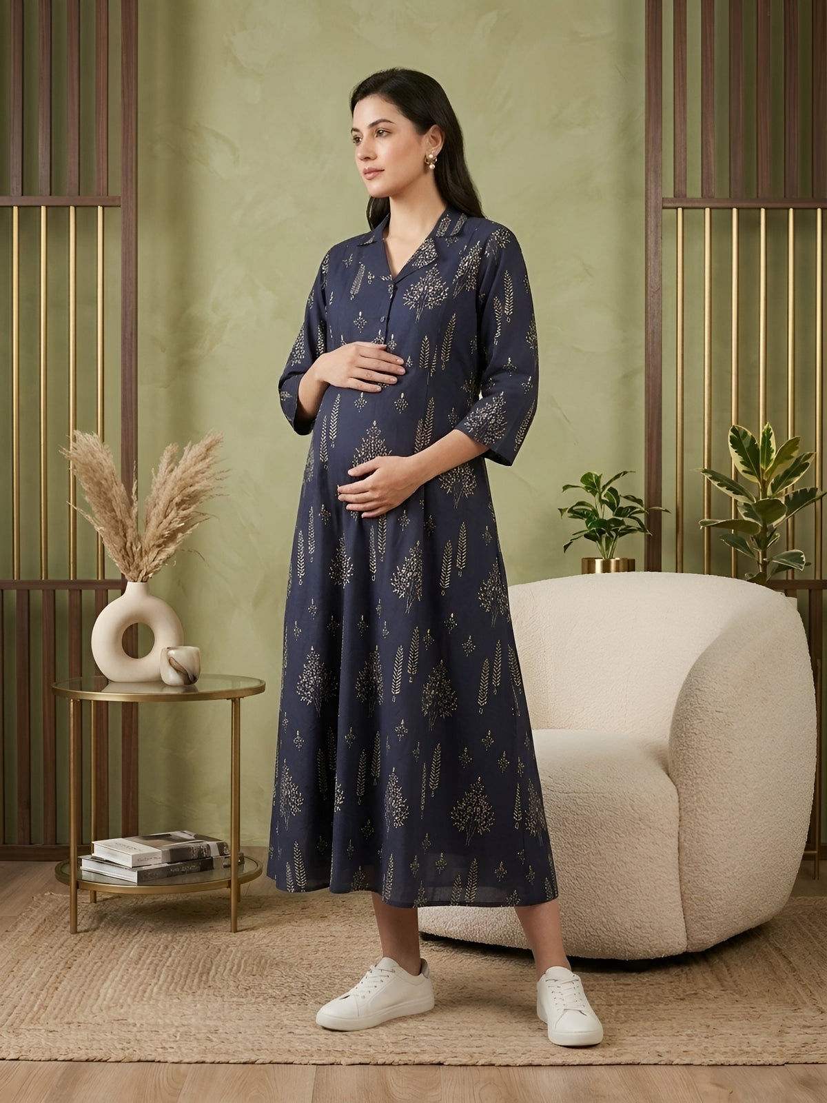 Blue Printed Maternity Dress for Women