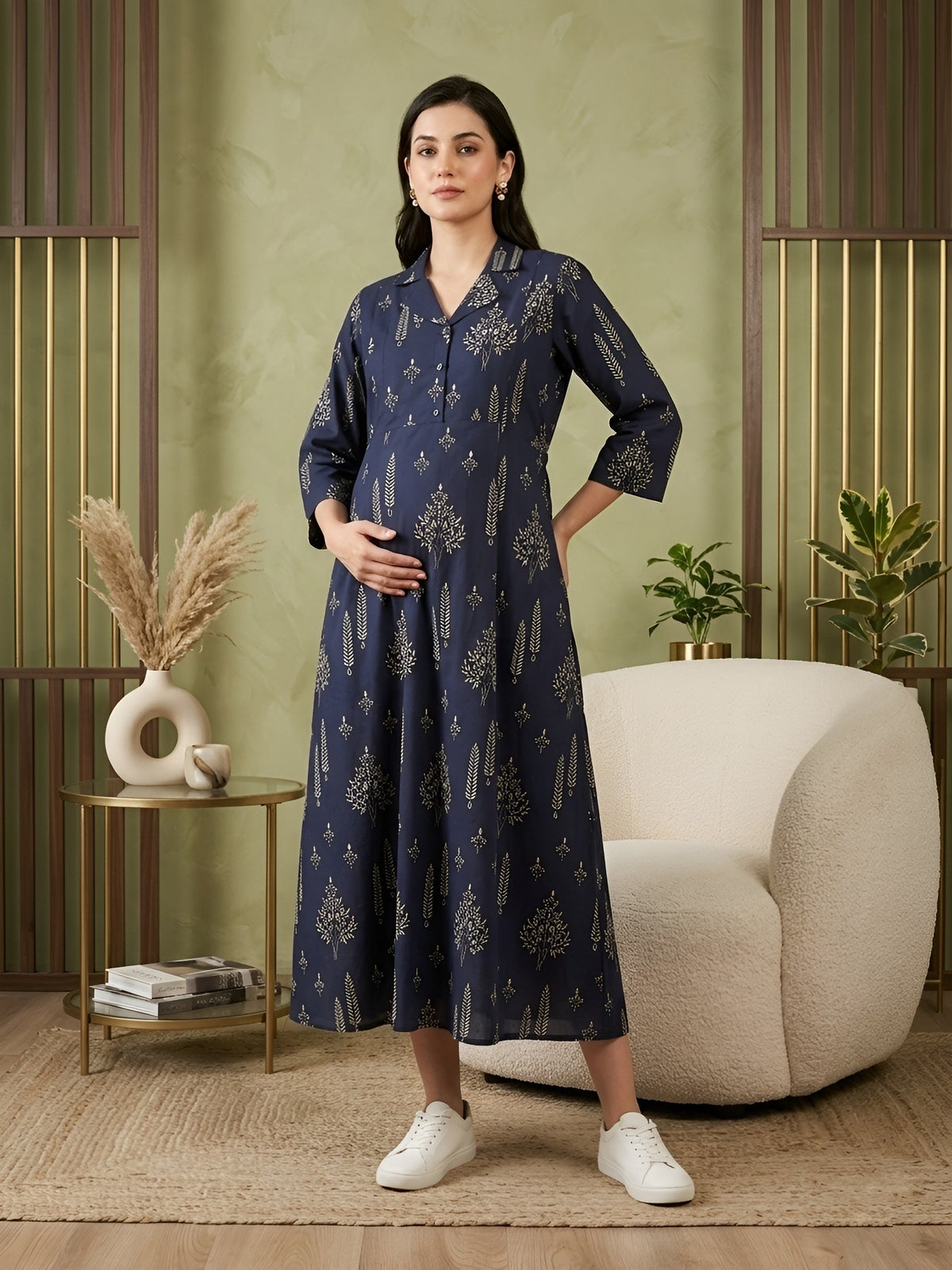 Blue Printed Maternity Dress for Women