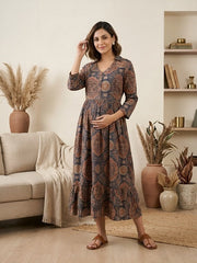 Blue Printed Maternity Dress for Women