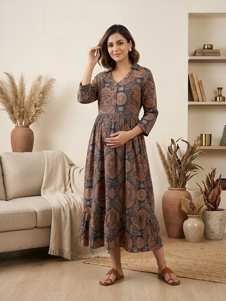 Blue Printed Maternity Dress for Women