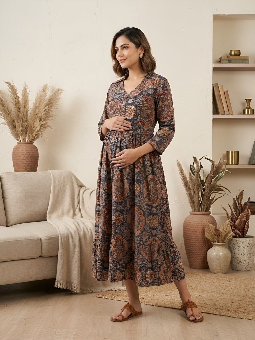 Blue Printed Maternity Dress for Women