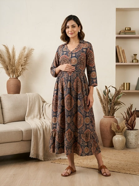 Blue Printed Maternity Dress for Women