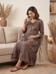 Blue Printed Maternity Dress for Women