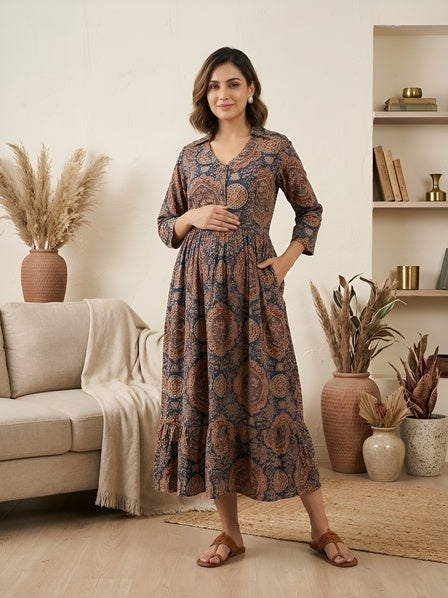 Blue Printed Maternity Dress for Women