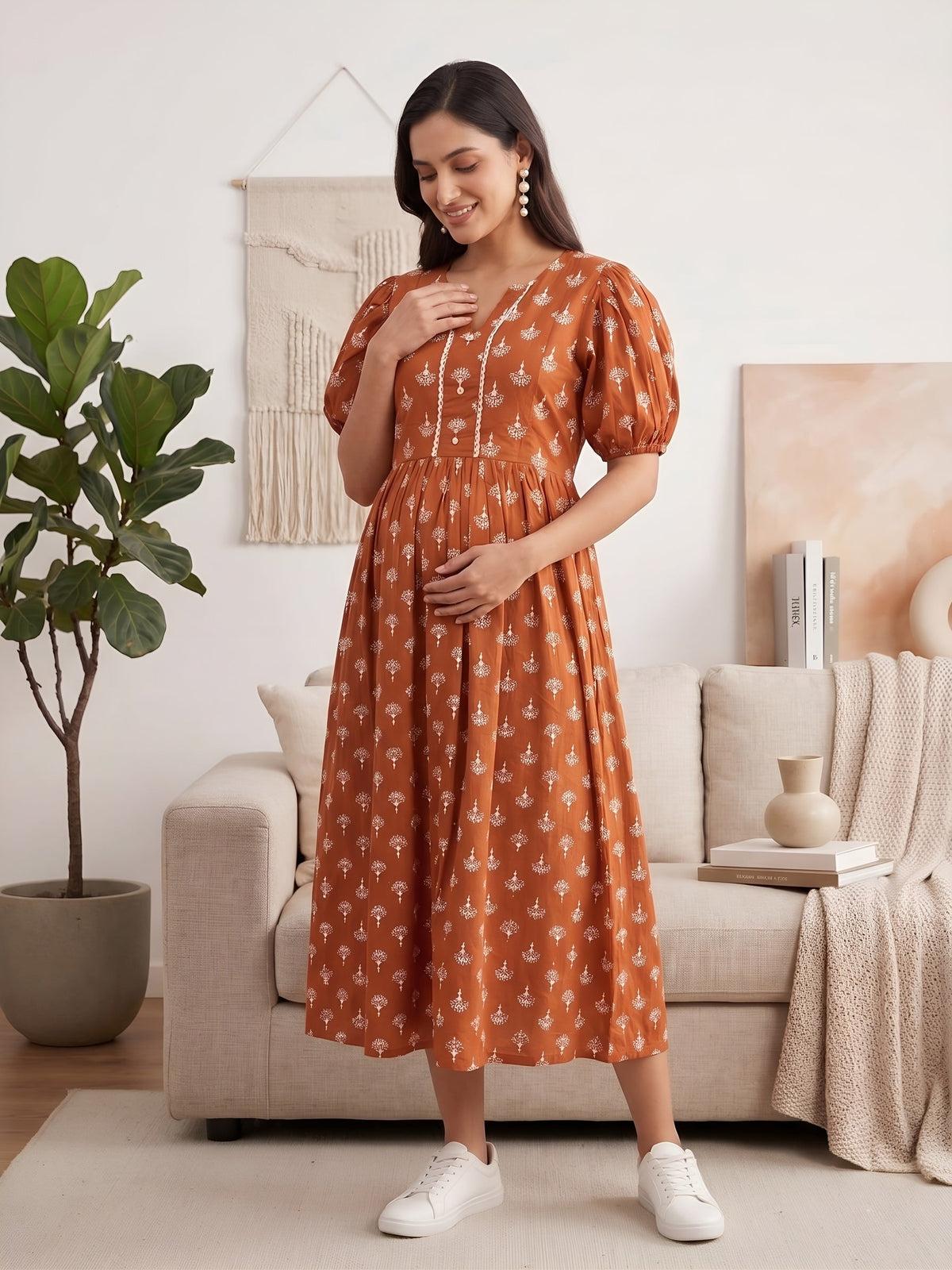 Rust Printed Maternity Dress for Women