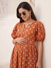Rust Printed Maternity Dress for Women