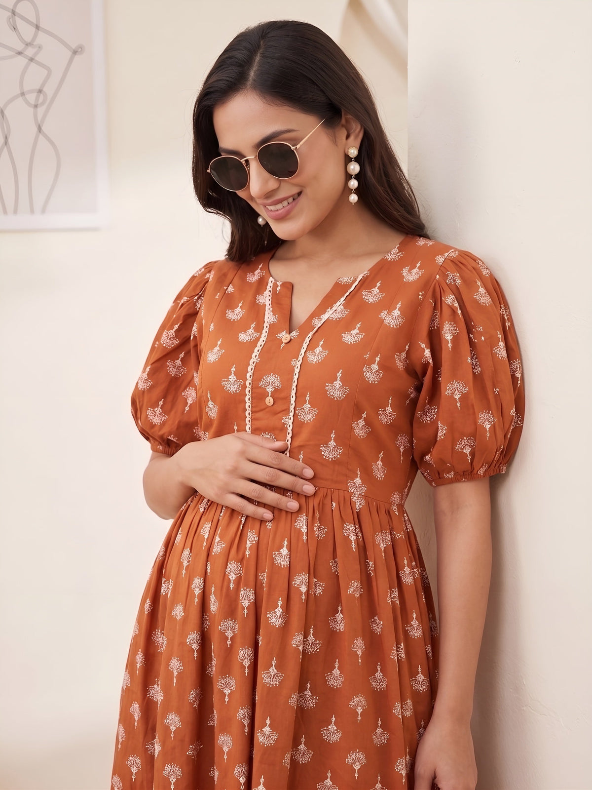 Rust Printed Maternity Dress for Women