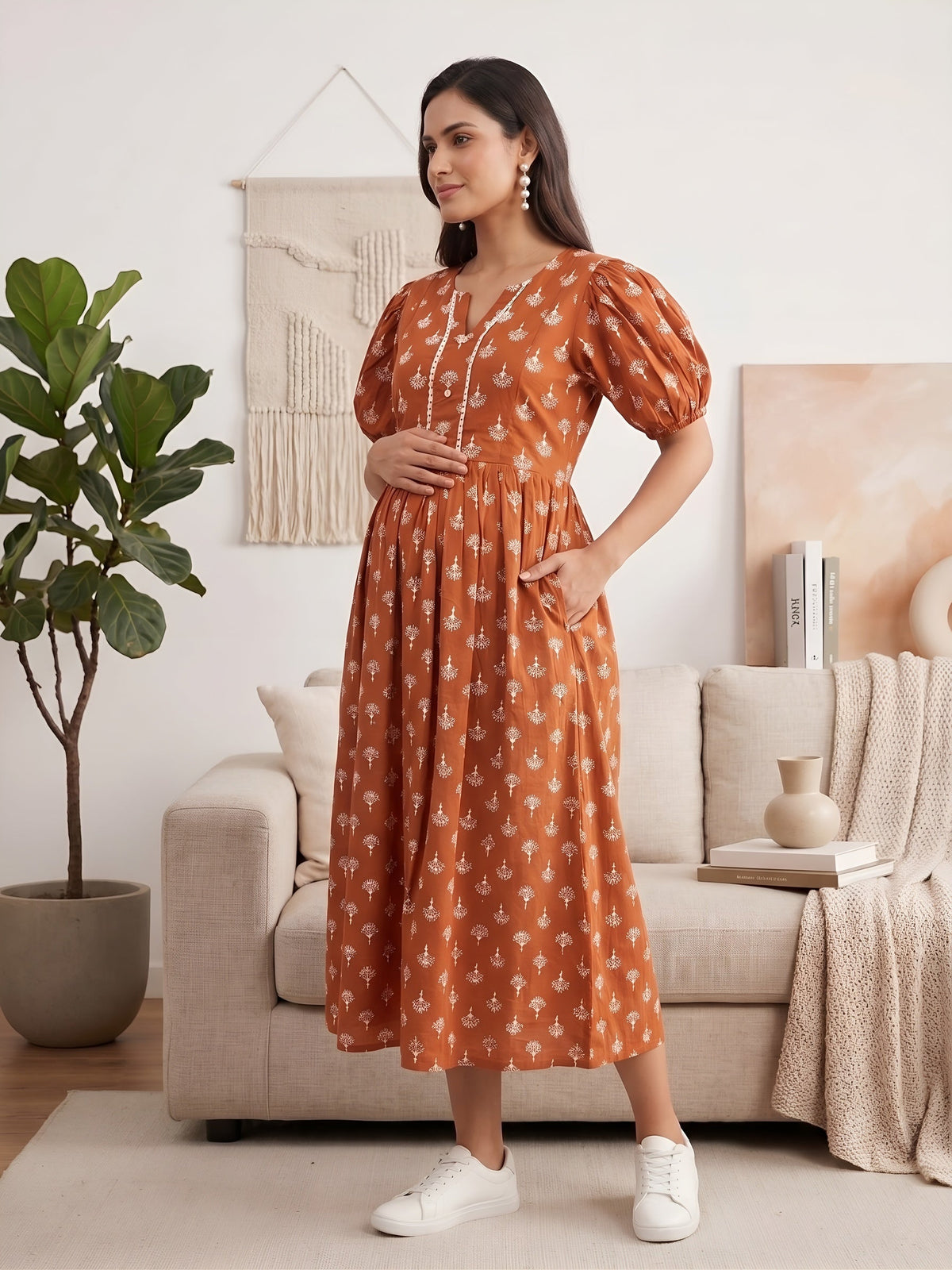 Rust Printed Maternity Dress for Women