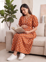 Rust Printed Maternity Dress for Women