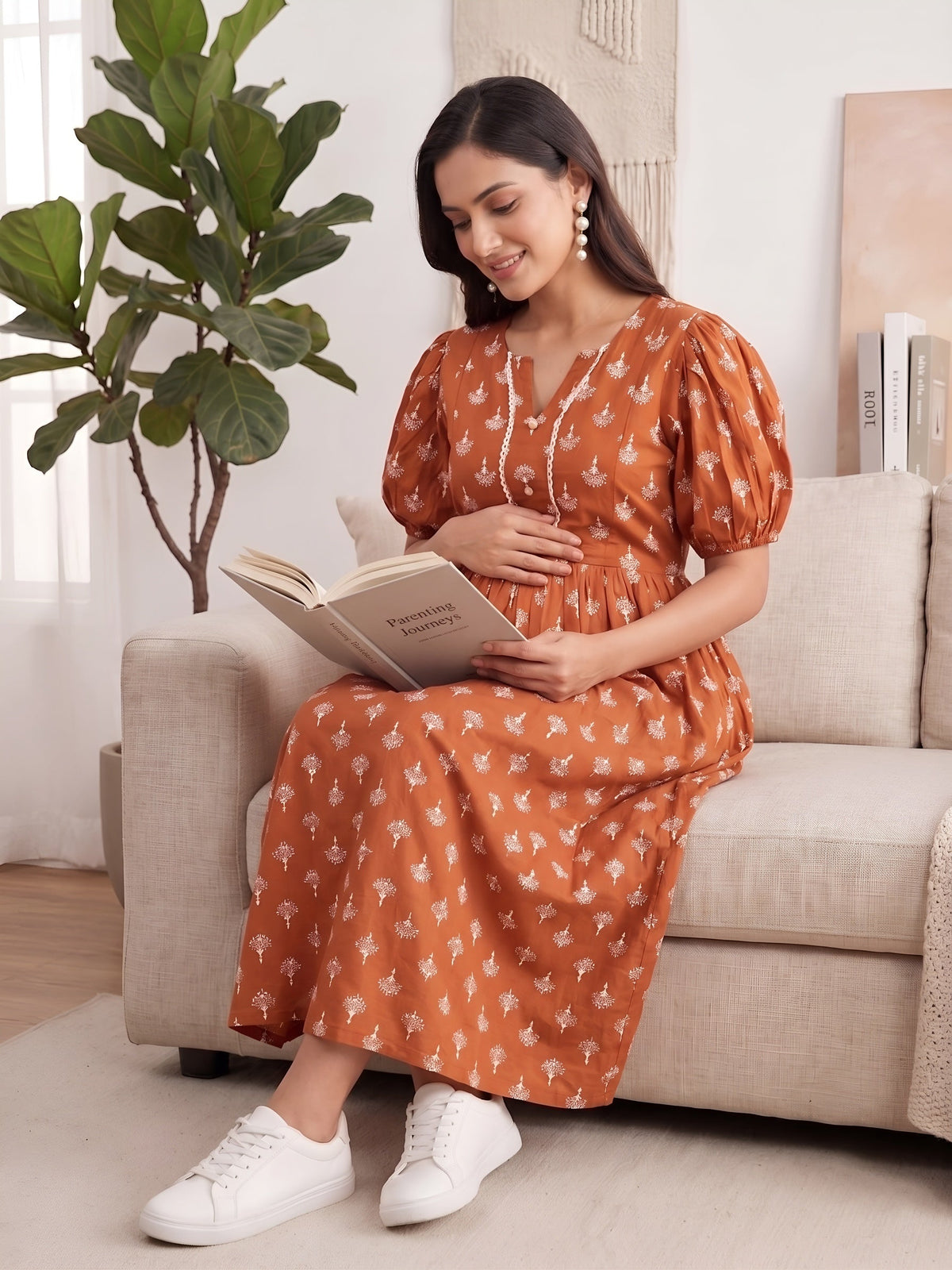 Rust Printed Maternity Dress for Women