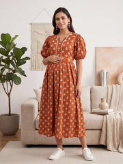 Rust Printed Maternity Dress for Women