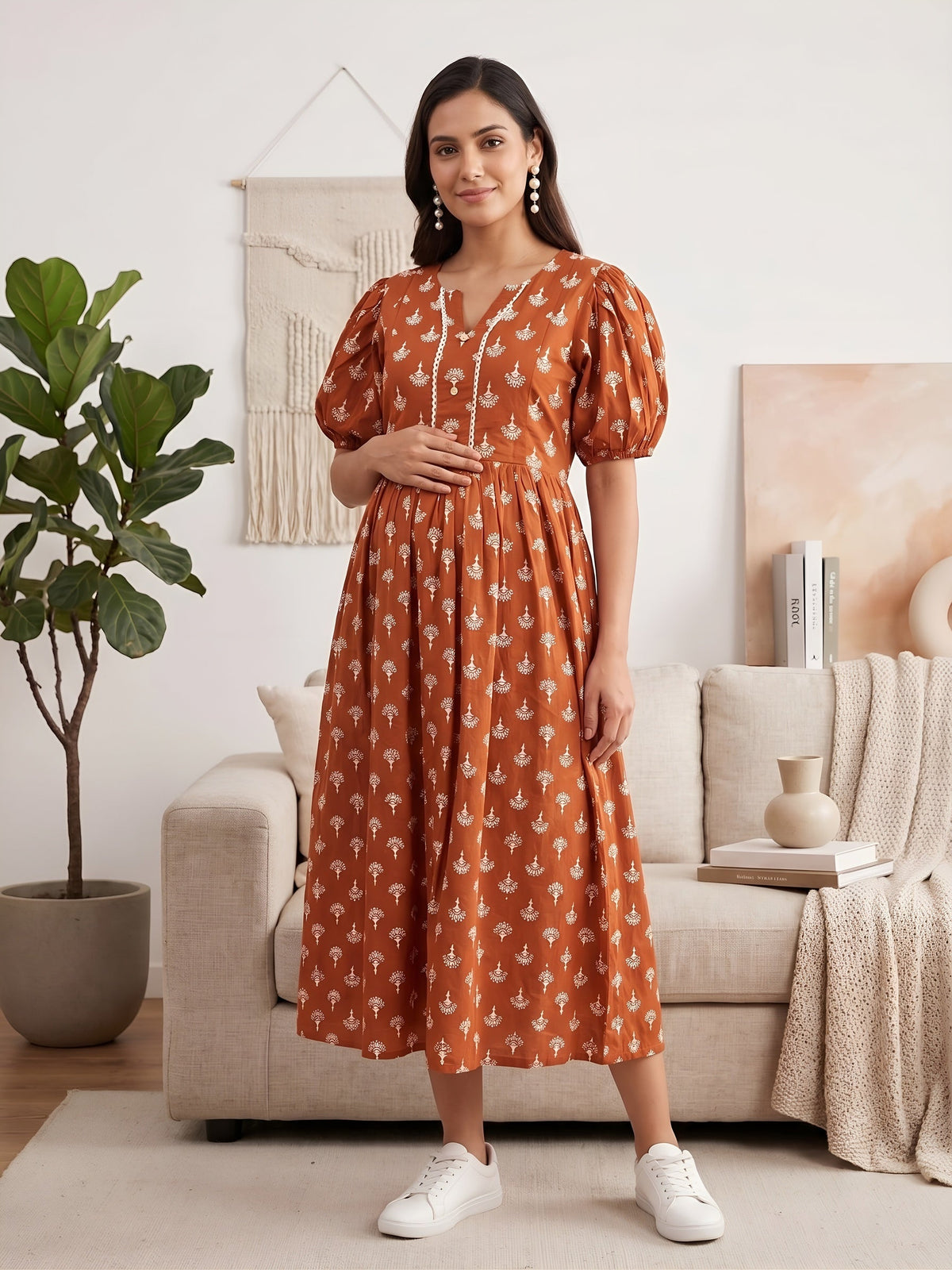 Rust Printed Maternity Dress for Women