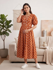 Rust Printed Maternity Dress for Women