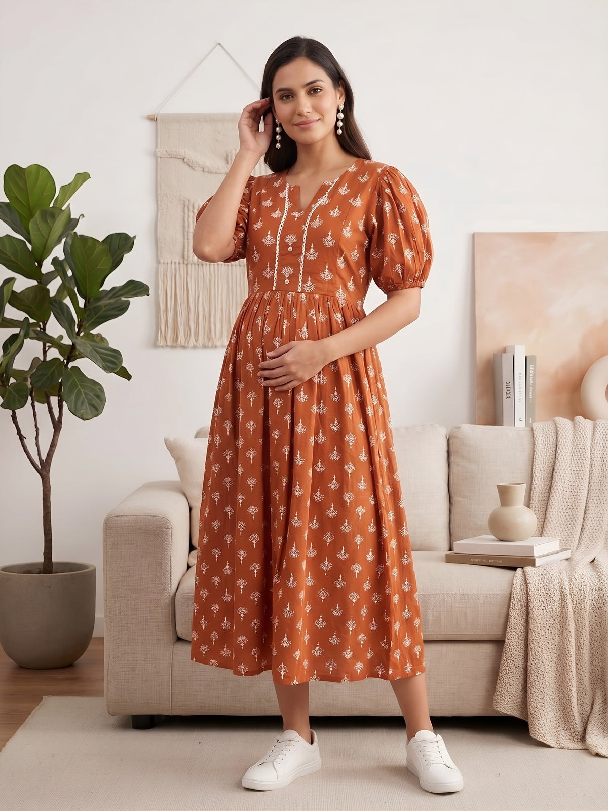 Rust Printed Maternity Dress for Women