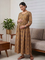 Mustard Printed Maternity Dress for Women