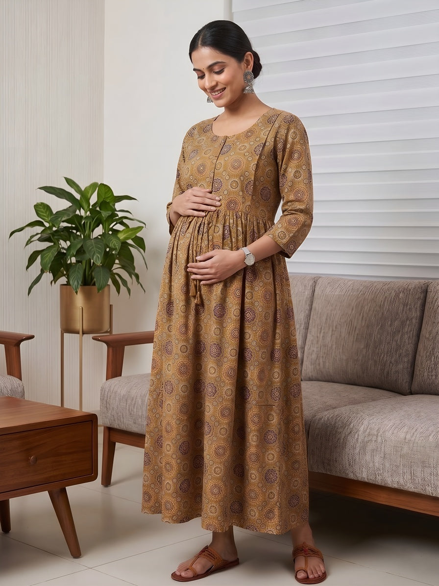 Mustard Printed Maternity Dress for Women