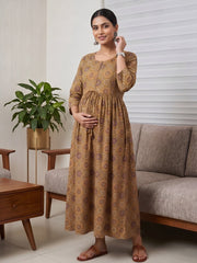 Mustard Printed Maternity Dress for Women