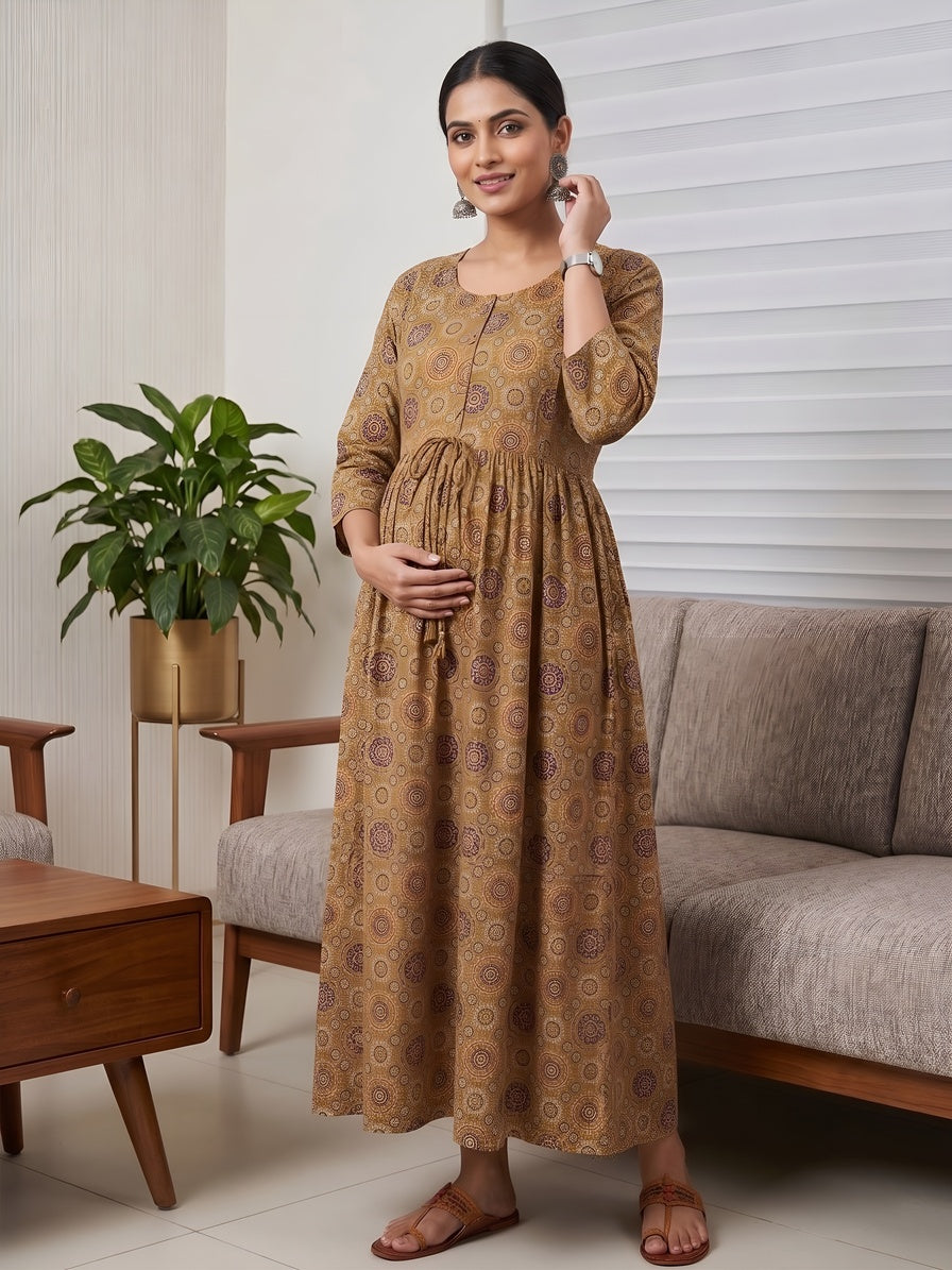 Mustard Printed Maternity Dress for Women