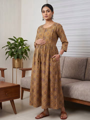 Mustard Printed Maternity Dress for Women