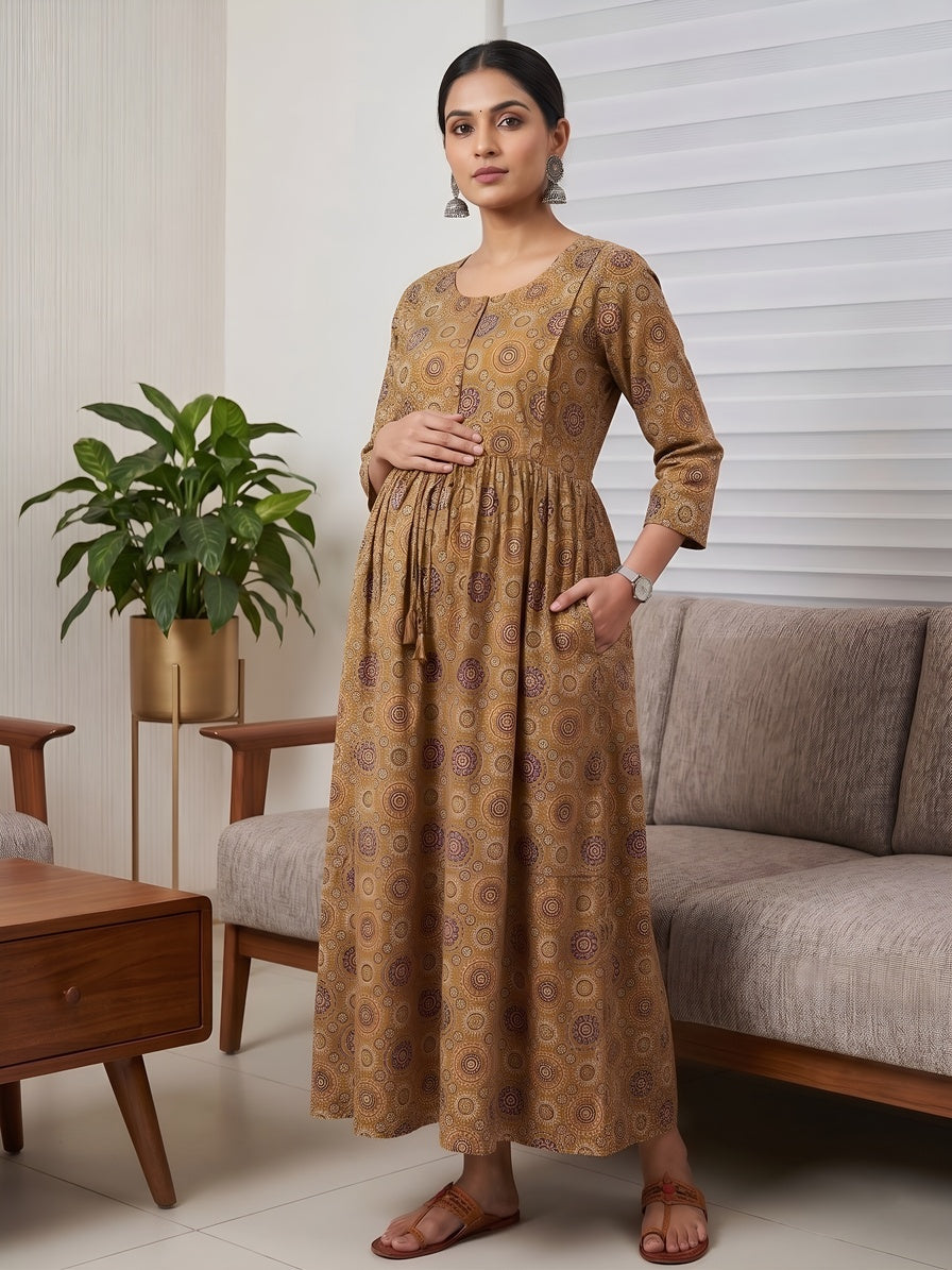 Mustard Printed Maternity Dress for Women