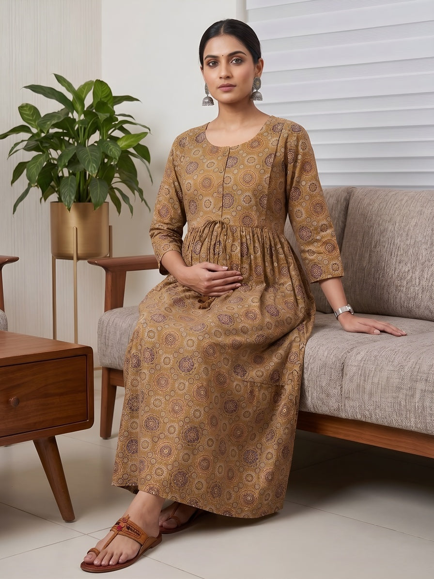 Mustard Printed Maternity Dress for Women