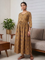 Mustard Printed Maternity Dress for Women