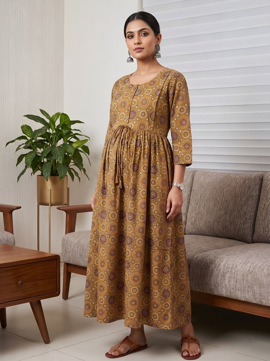 Mustard Printed Maternity Dress for Women