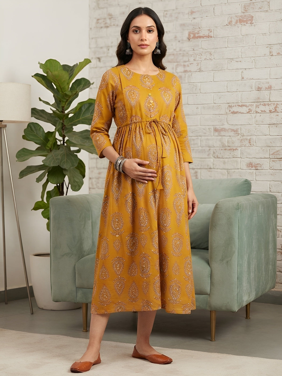 Mustard Printed Maternity Dress for Women
