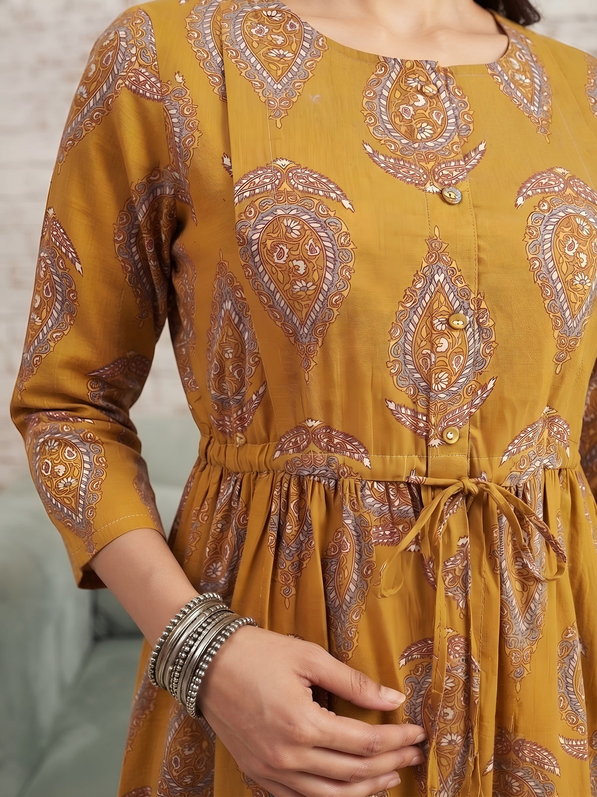 Mustard Printed Maternity Dress for Women