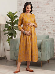 Mustard Printed Maternity Dress for Women