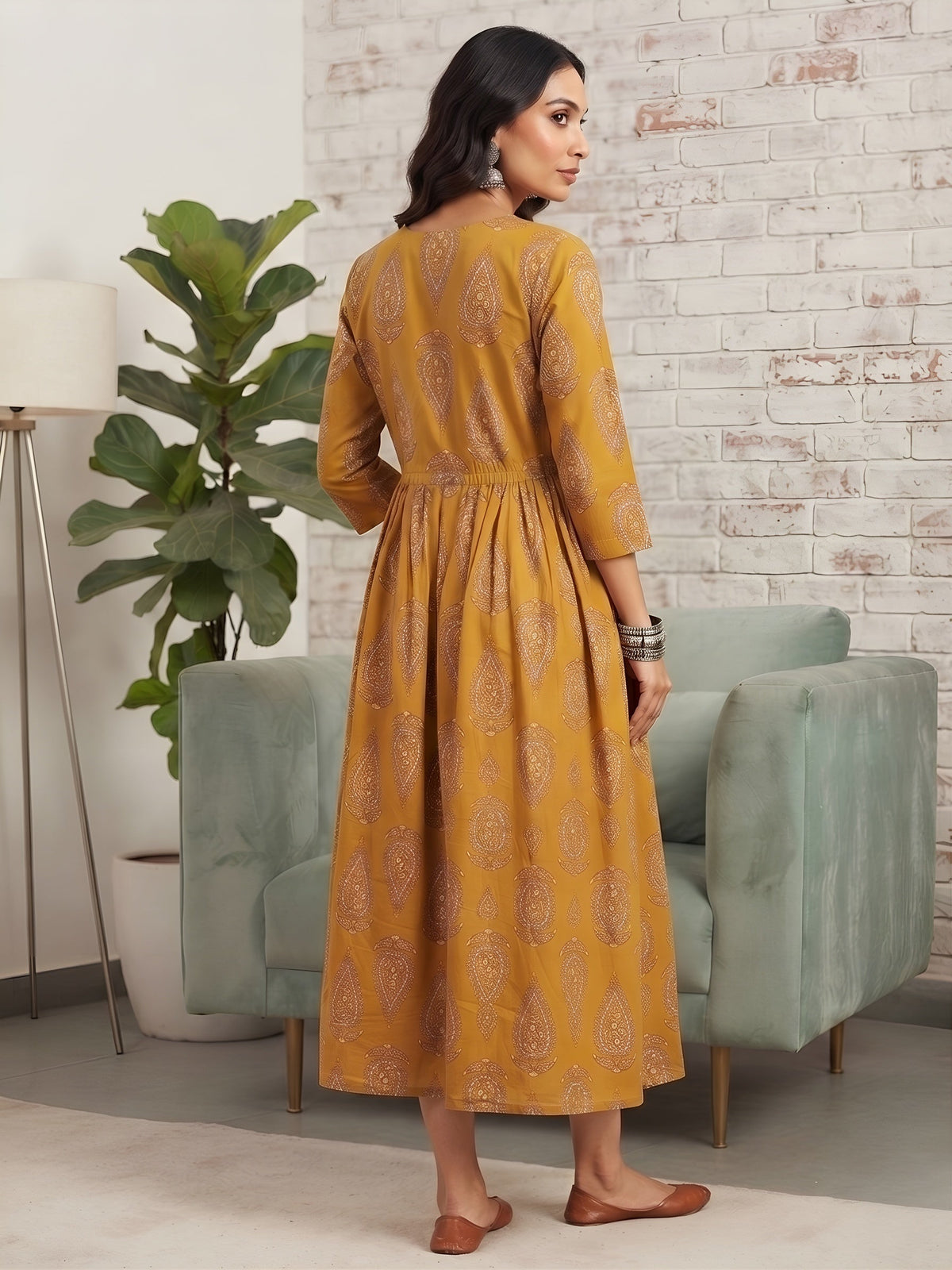 Mustard Printed Maternity Dress for Women
