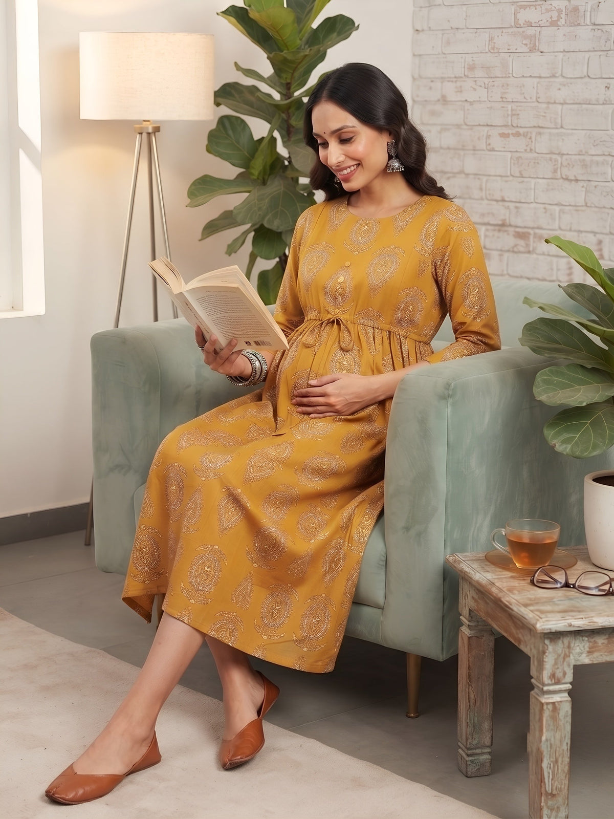 Mustard Printed Maternity Dress for Women