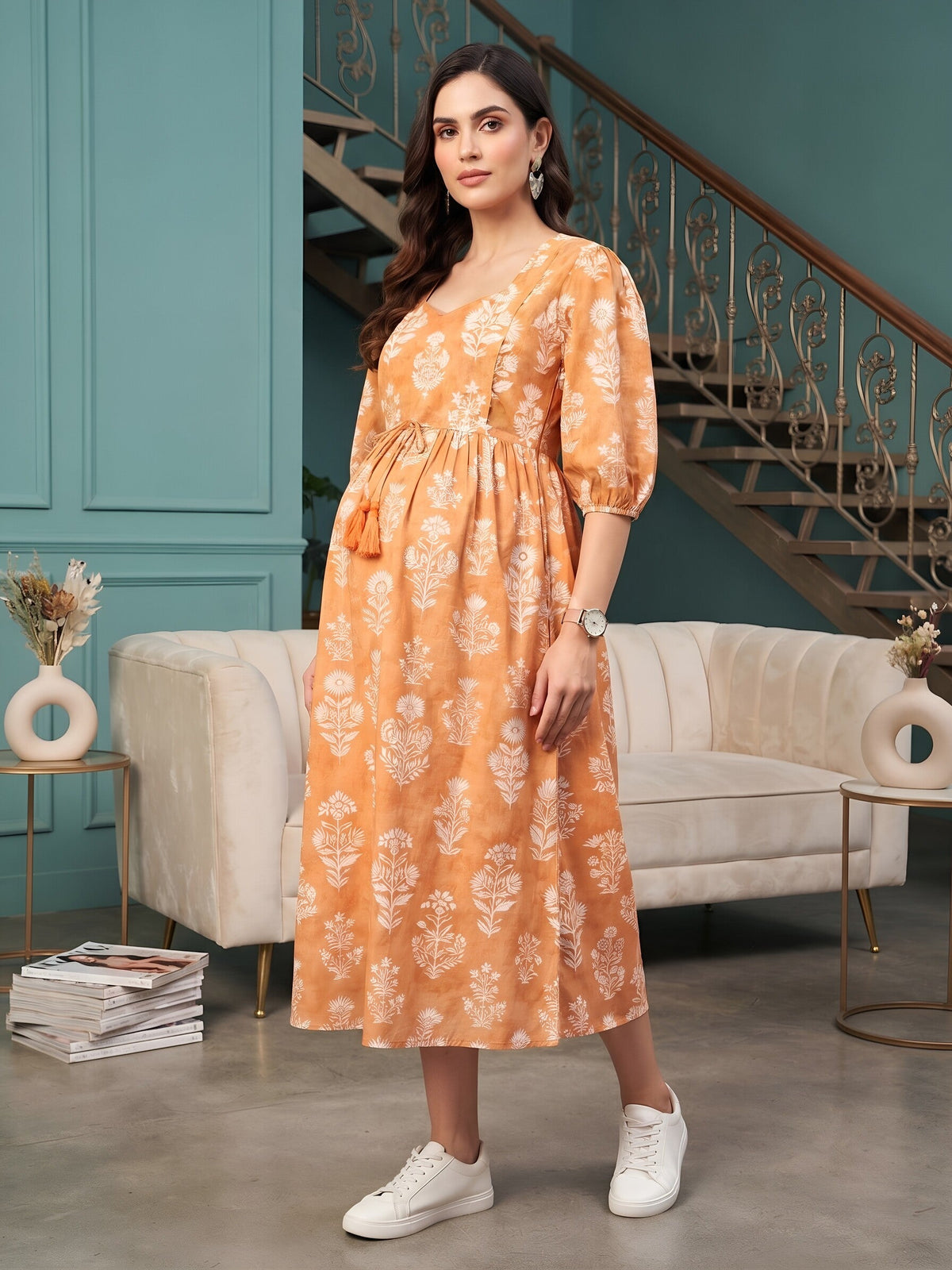 Orange Printed Maternity Dress for Women